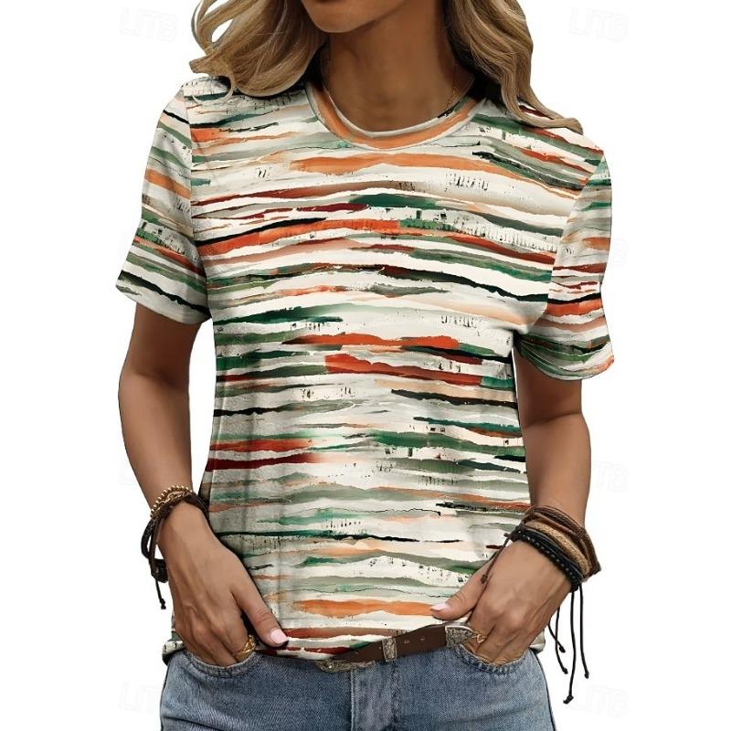 

Women s T Shirt Print Graphic Geometric Striped Vintage Stylish Classic Short Sleeve Crew Neck Regular Tops S