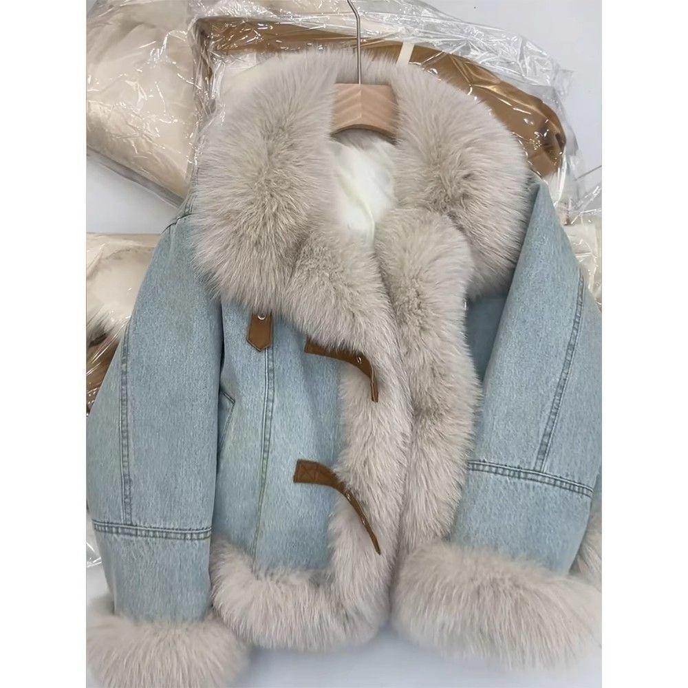 Women's Fur Collar Denim Jackets Warm Long Sleeved Plush Blue Coat Autumn Winter Retro Faux Fur Loose Thick Overcoat