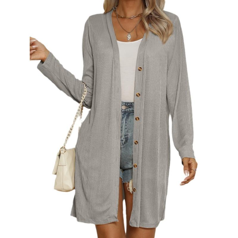 Damen Einfarbige Knopfleiste Langarm Locker Lässig Langer Cardigan