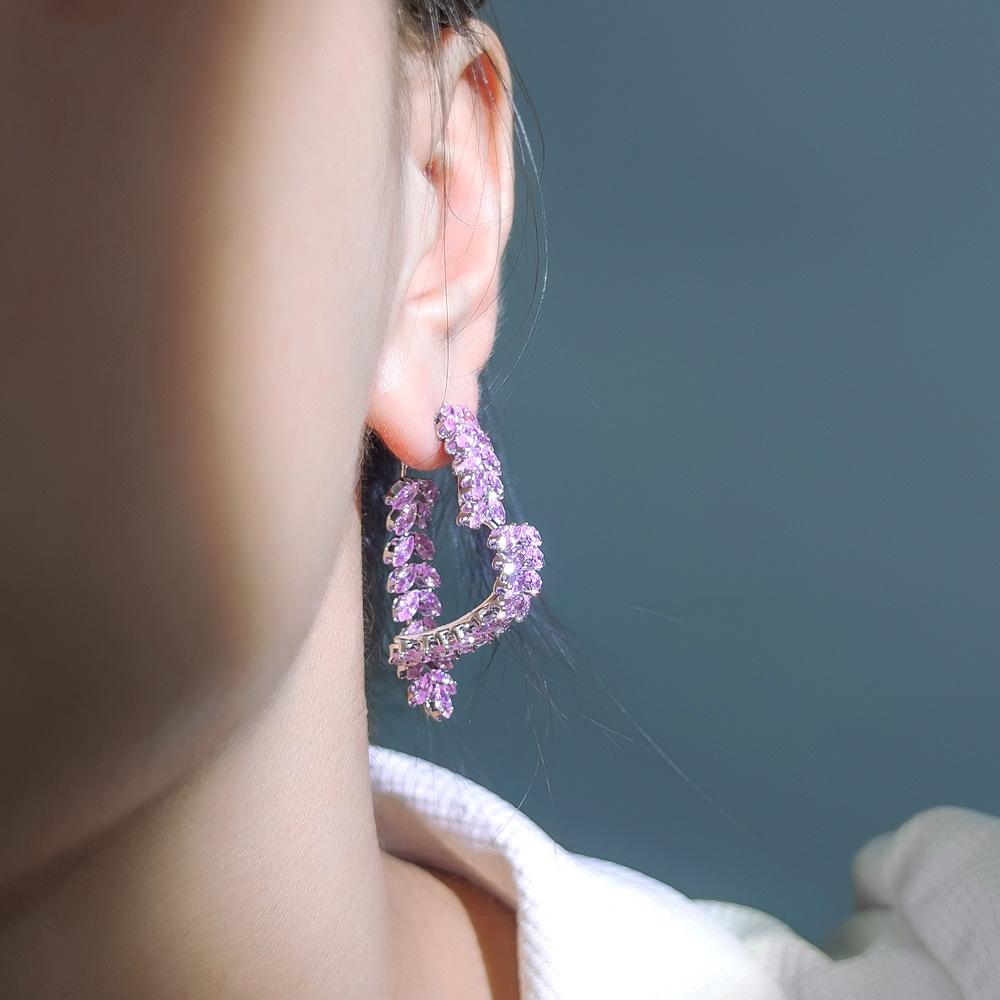 Light Luxury Pink Love Front And Rear Wear High-End Zircon Earrings Super Flash Wheat Ear Heart Earrings Earrings Pendant