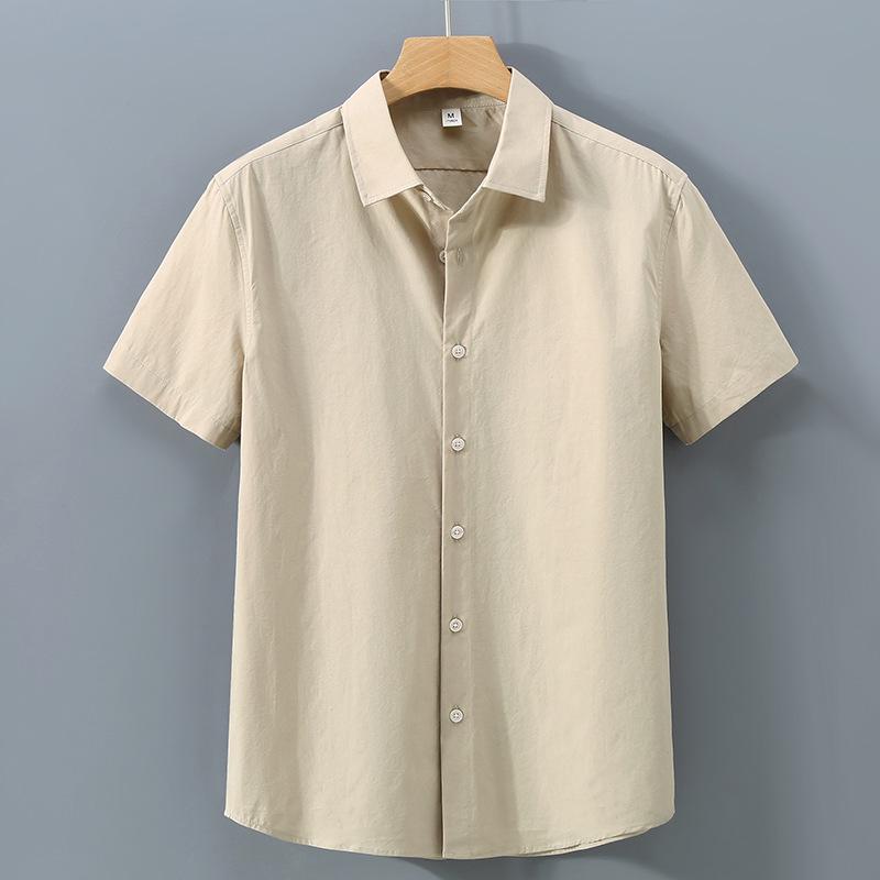 Men's Summer Heavyweight White Short-Sleeve Cotton Shirt - Solid Color Casual Lapel Design