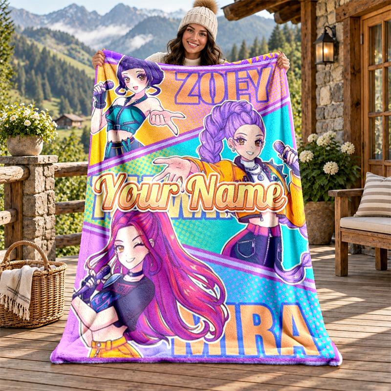 Kpop Demon Hunters Custom Name Flannel Blanket Personalized Soft Warm Plush Throw Blanket Customized Gift for Family Friends