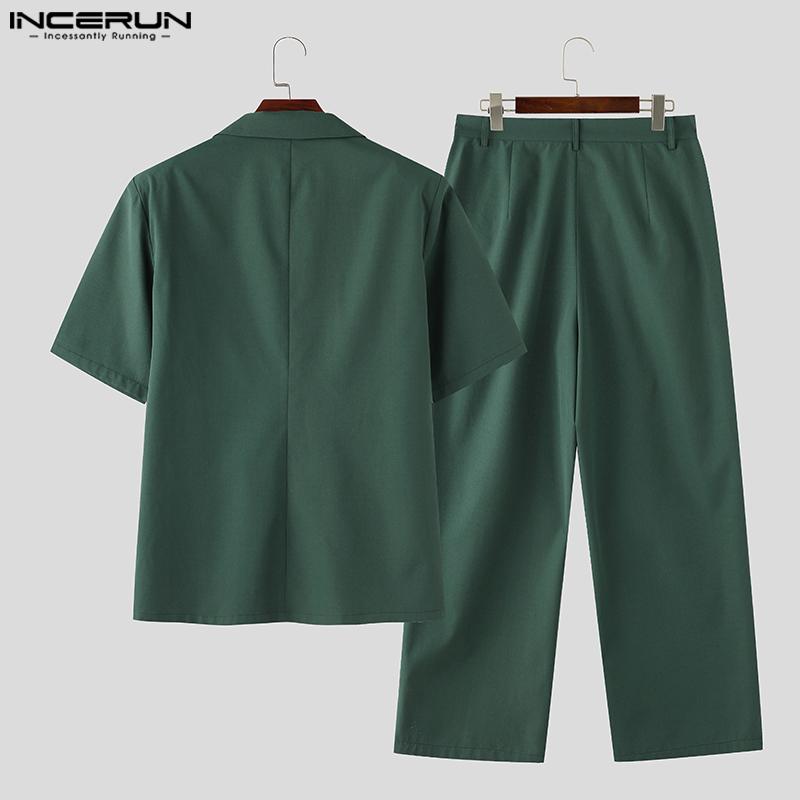 INCERUN Summer 2PCS Men Lapel Short Sleeve Shirts Long Suits Trousers Sets