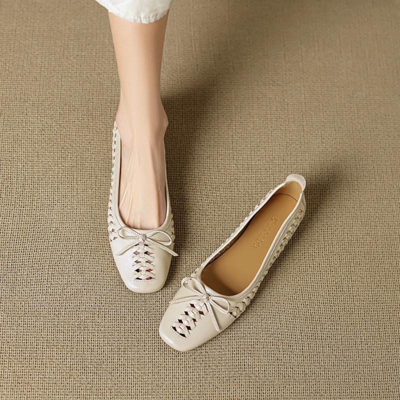 Fashion NEW Spring/Autumn Women Pumps Square Toe Low Heel Shoes Genuine Leather Shoes for Women Concise Bow-hnot Weave Slip-on Shoes