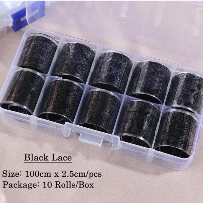 10 Rulo/Kutu Beyaz Siyah Dantel Nail Art Folyo Seti Tırnak Transfer Etiketi Kağıdı Kendin Yap Manikür Tırnak Dekorasyon Aksesuarları