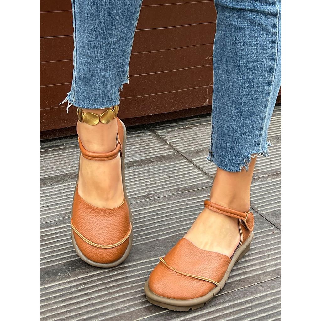 Sapatos Rasos Mary Jane Femininos de Dança com Renda, Fecho de Velcro Ajustável - Sapatos Casuais de Bico Redondo, Sapatos Solteiros Marrons Confortáveis para Todas as Estações, Vestuário Diário