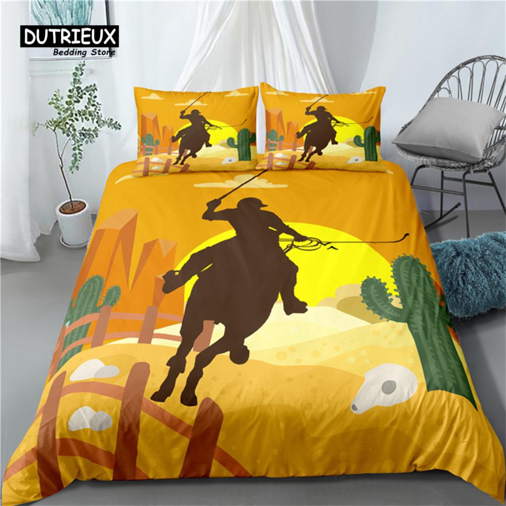 Cowboy Bedding Set Wild West Cowboys Western Style And Horses Themed Duvet Cover Microfiber Quilt Cover For Kids Boys Teen Decor