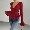 Women Tops Slim Fit V Neck Flared Long Sleeve Ruffle Detail Knitting Tops Solid Color Buttons Closure Winter Sweater