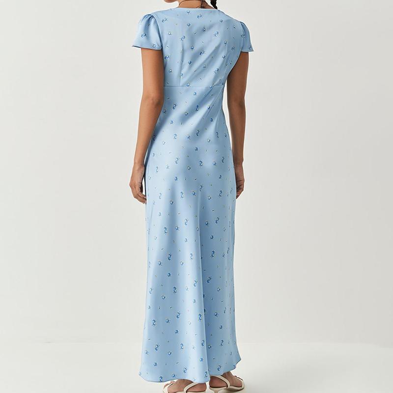 Floral Print Long Dress Women's Sexy V Neck Short Sleeve High Waist Dress Female Fashion Casual Vacation Slim Dresses