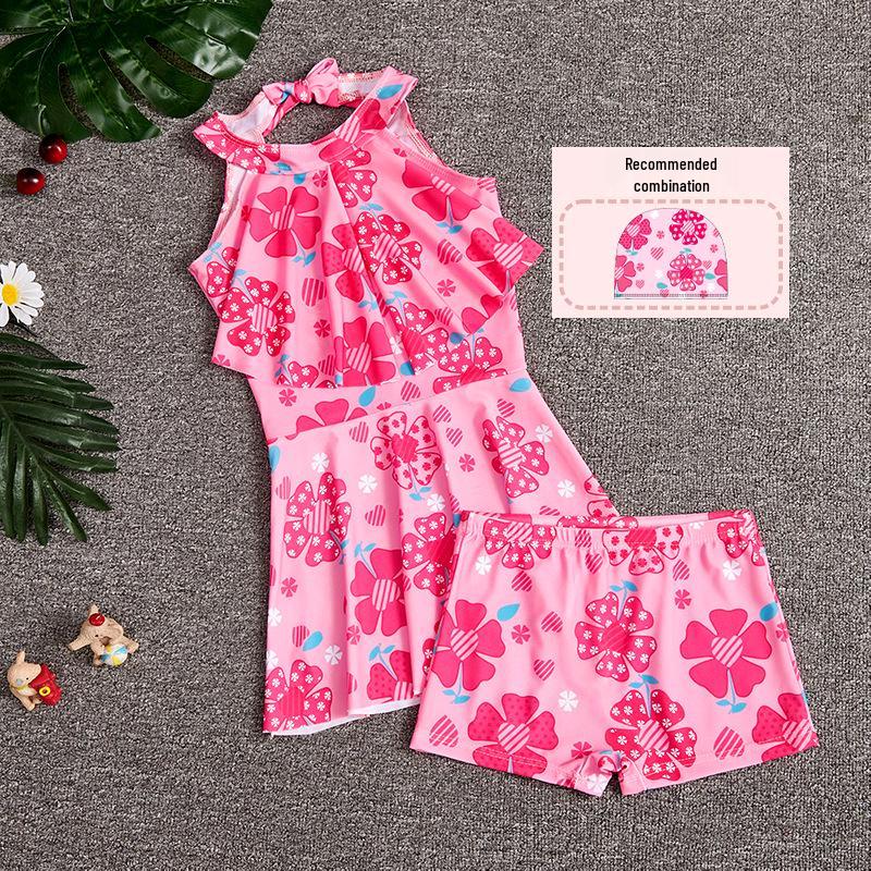New Girls' Fish Scale Gradient One-Piece Swimsuit with Skirt for Children
