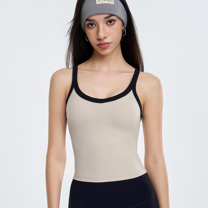 Women's Contrast Color Yoga Vest with Fixed Chest Pad - High-Strength Shockproof Sports Underwear.