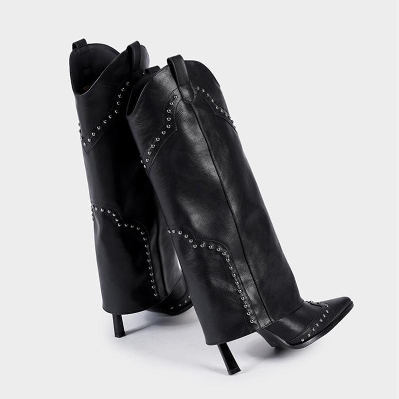 Fashion Vintage Autumn Winter Rivet Women Knee-high Boots Fashion Soft Leather Thin High heels Western Knight Long Booties Casual Shoes