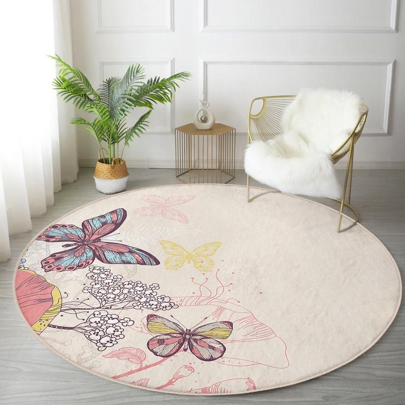 

Deymend Modern Butterfly с цифровой печатью кремового цвета для гостиной и гостиной, моющийся нескользящий круглый ковер