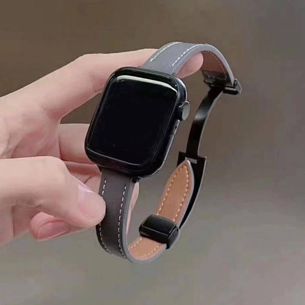 Folding Buckle Leather Magnetic Strap For Apple Watch S10 42/46mm 9 8 7 6 SE 5 4 Slim Watchband 38 40 44mm 45mm 41mm For iwatch