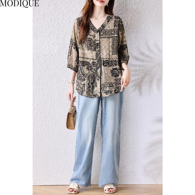 MODIQUE Spring Summer Plus Size New Women Loose Vintage Print Blouse Shirts Female Casual Folk Oversize Short Sleeve V-Neck Top
