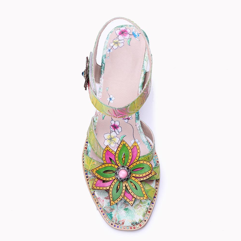 Johnature Women's Summer Shoes Genuine Leather Painted Retro Contrast Comfortable High Heeled Sandals