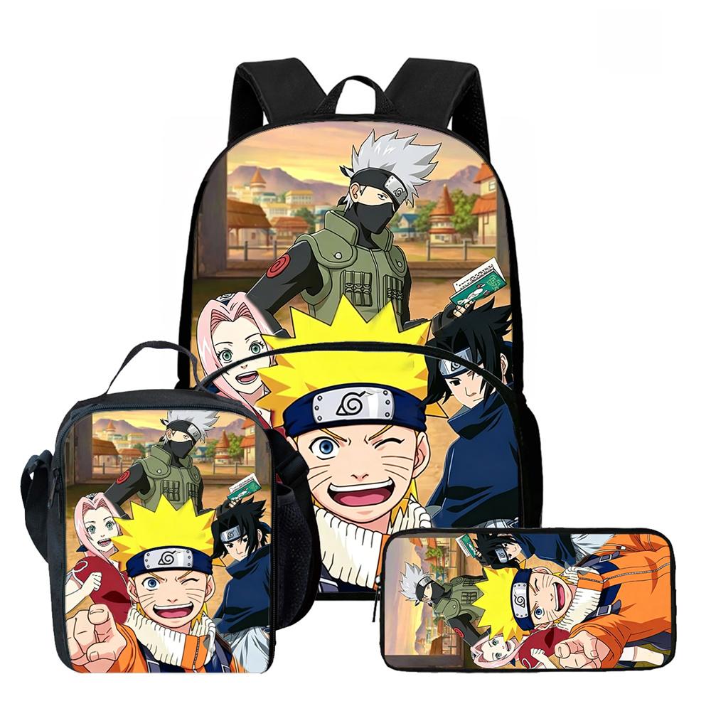 3Pcs School Bag Set NARUTO Cartoon Backpack with Front Pocket, Lunch Bag & Pencil Bag, Lightweight for Boys & Girls Ages 6-10