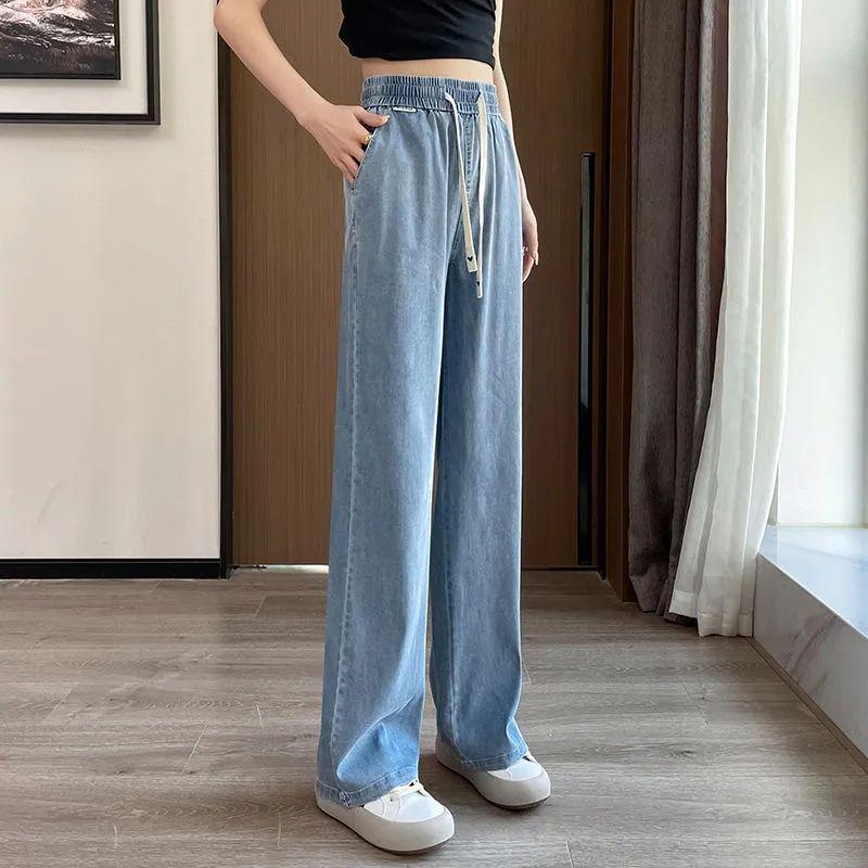 2026 Summer Women s Tencel Denim Wide-Leg Pants: Thin, Elastic Waist, High-Waist, Straight, Ice-Cool Drape XXXL