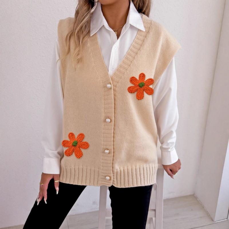 Womens Winter Knit Vest Loose V-Neck Open Front Cardigan With Pearl Buttons 3D Floral Embroidery