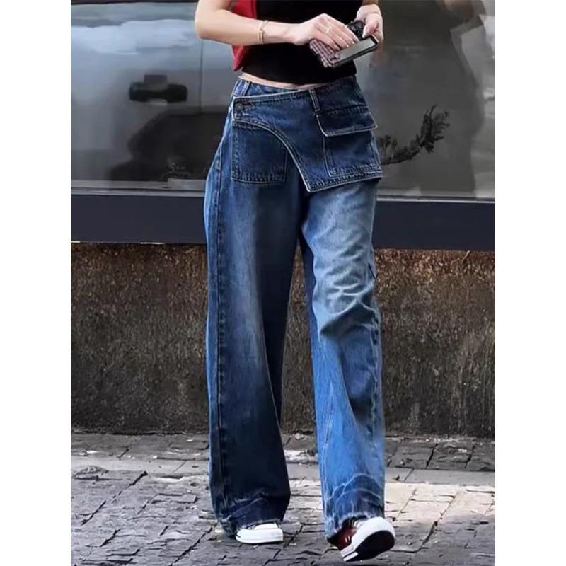 Plus Size High Waist American Style Women's Jeans - Spring/Autumn Loose Straight Wide-Leg for Pear Shape.