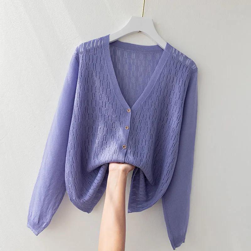 WTEMPO Casual Versatile Long Sleeve Button Sweater Cardigans Women's Large Size Solid Color V-Neck Loose Knitted Cardigans