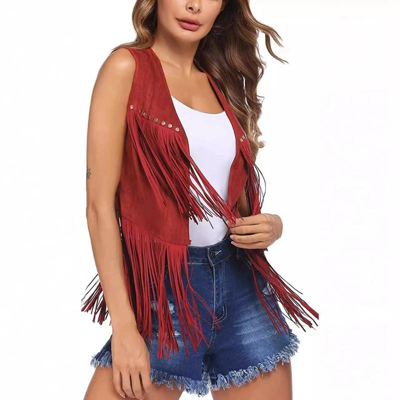 Women Sleeveless Fringed Jacket Buttonless Cardigan Vest