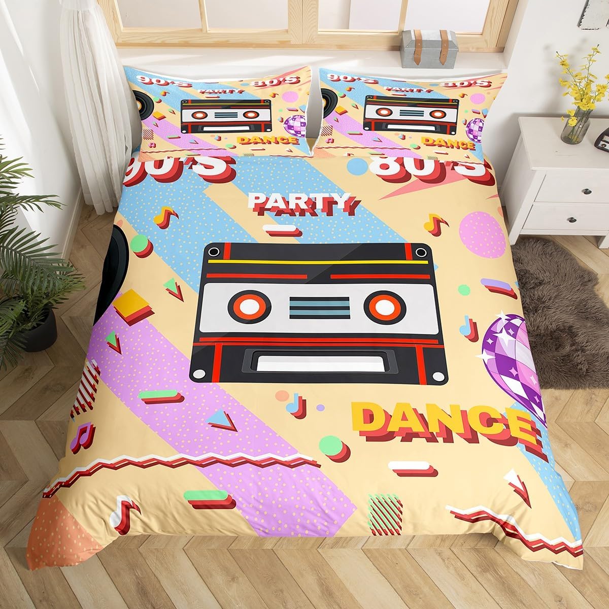 80s 90s Comforter Cover Full Vintage Cassette Tape Vinyl Record Memphis Bedding Set Hippie Music Duvet Cover Geometric Bed Set