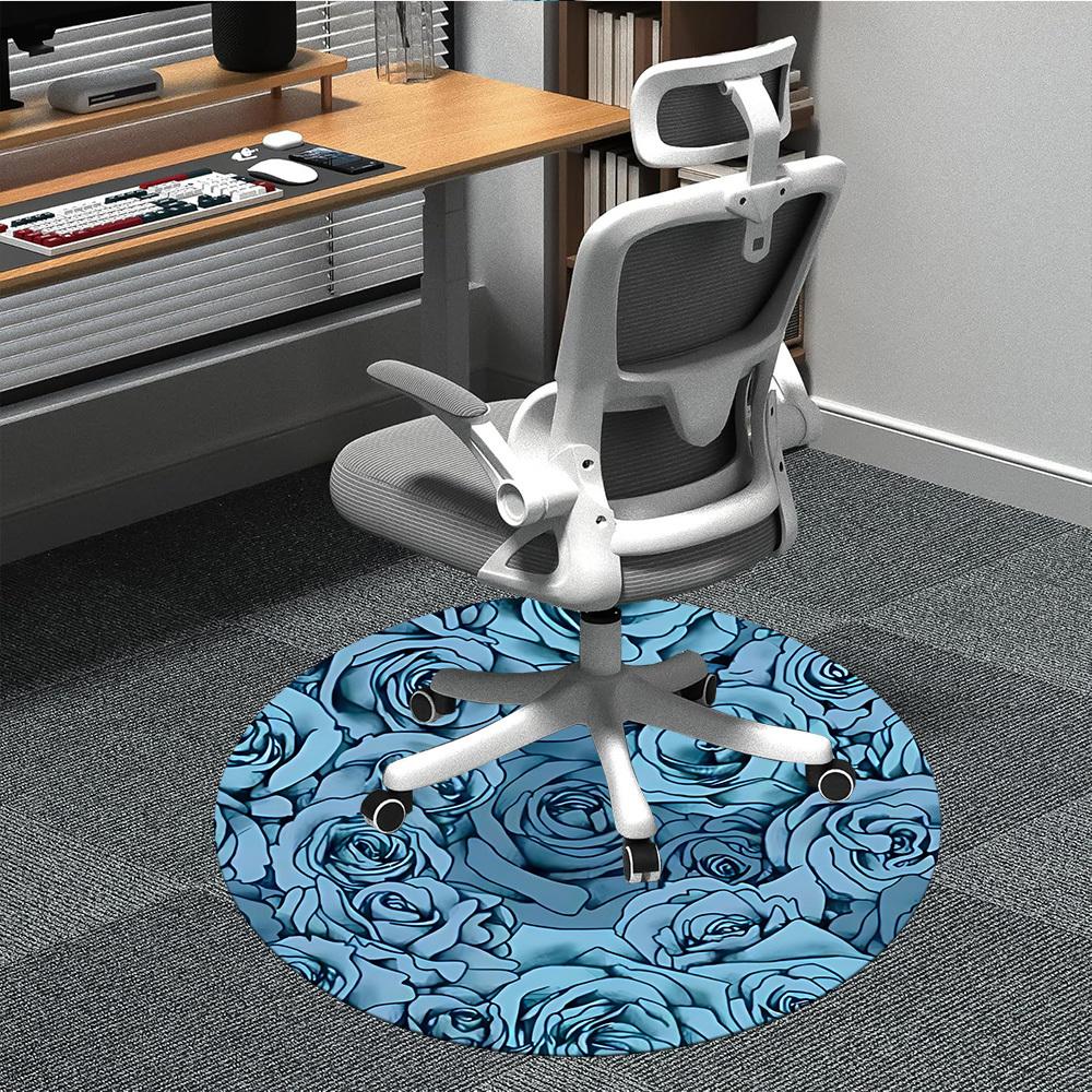 1pc Blue Roses Floral Office Round Area Rug, Indoor Mat Suitable For Office, Under Office Chairs Bedroom Living Room Home Decor, Room Deco