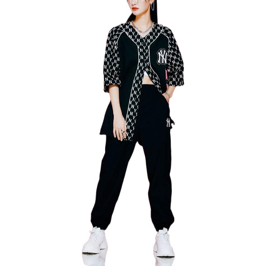 Maglia Baseball MLB Vintage Patchwork Floreale Scollo a V Bottoni Manica Corta Donna Maglia Nera 3ABSM0121-50BKS