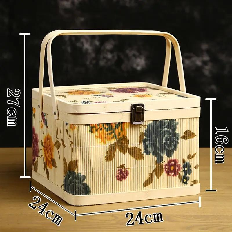 Kitchen Basket for Rice Dumplings and Mooncakes, Souvenir Packaging, Round Peony Flower, Portable Bamboo Basket, Bamboo