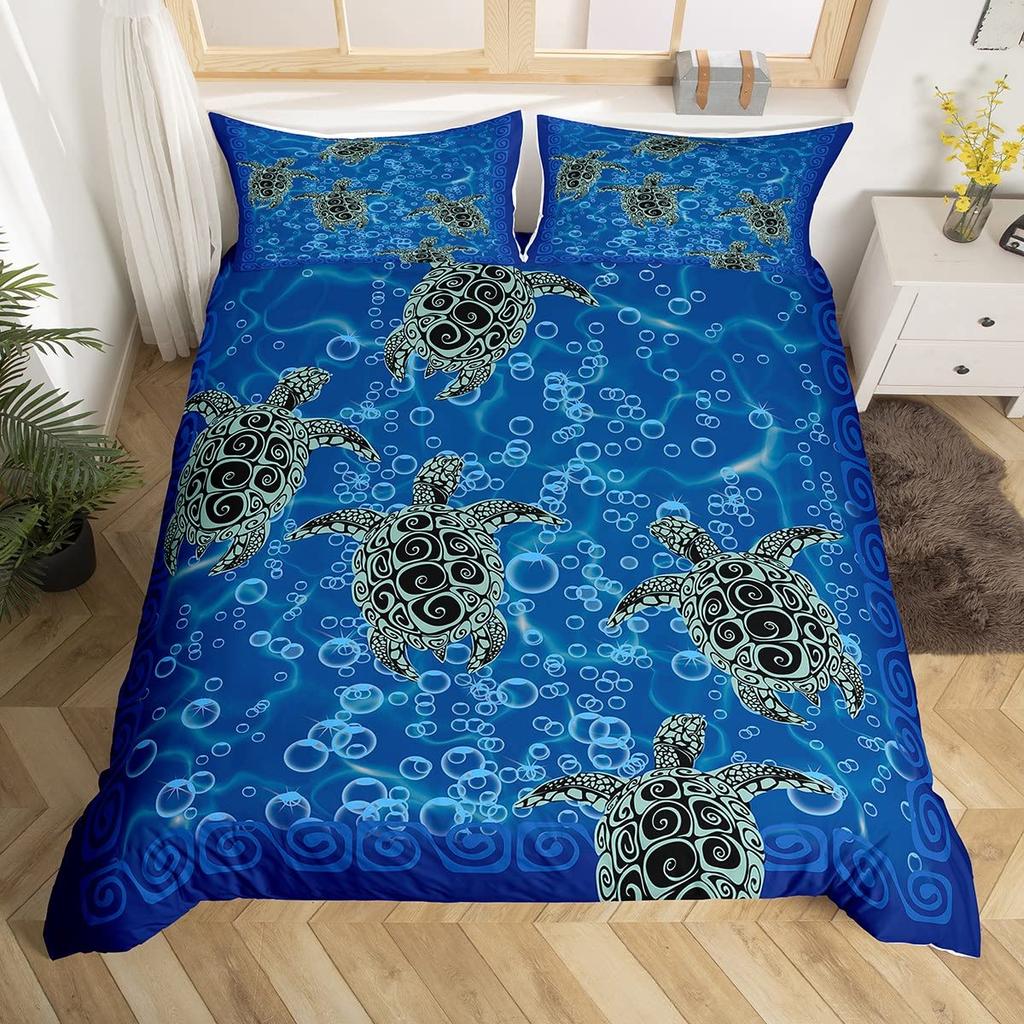 Sea Turtle Duvet Cover Set King Size Watercolor Tortoise Butterfly Comforter Cover for Boys Girly Dreaming Style Bedding Set