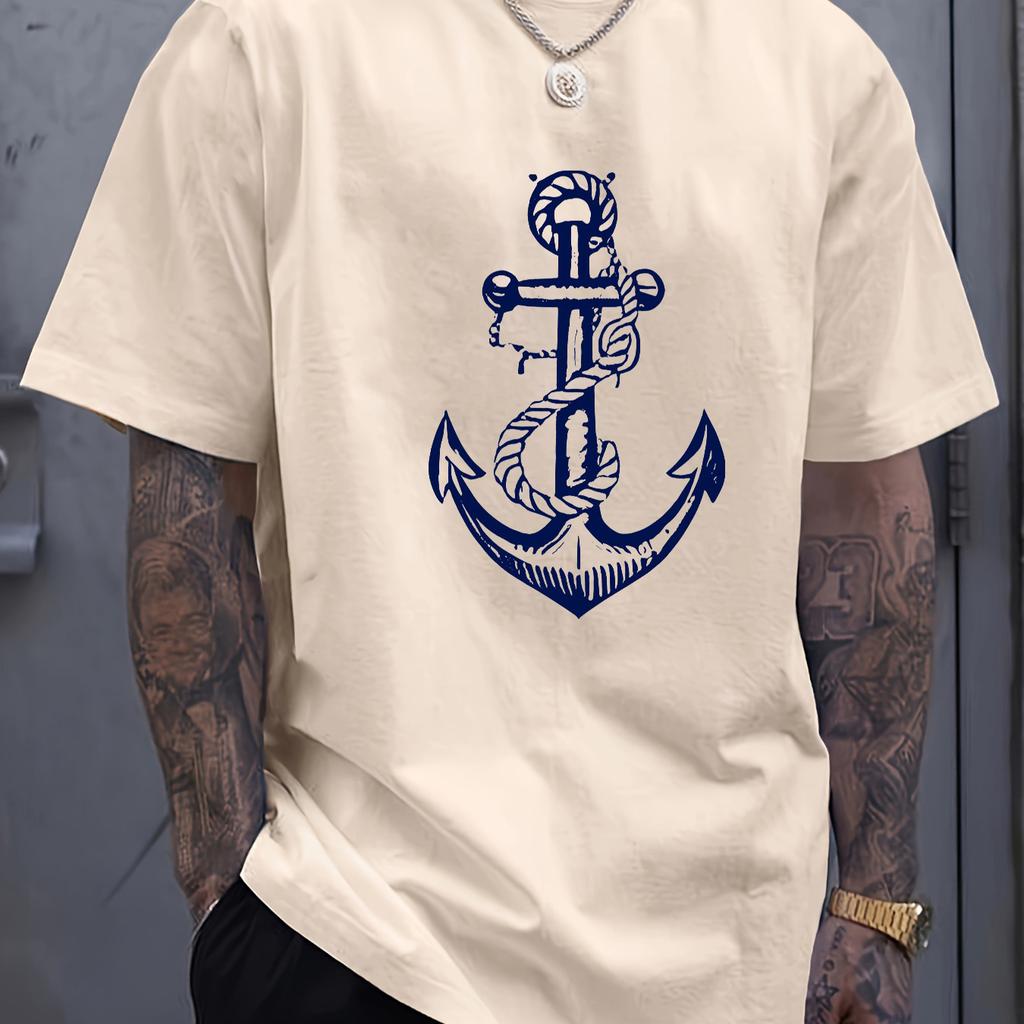 Unisexs Summer Cotton Fashionable Casual Sports Loose Boat Anchor Pattern Printed Round Neck Short Sleeved Tshirt Top