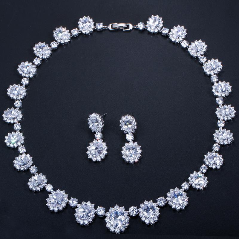 European & American Evening Dress Jewelry Set: AAA Zircon Bridal Earrings & Necklace Duo