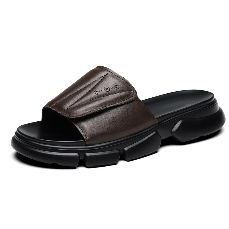 

Summer new retro British style leather one-word drag men breathable thick-soled outer wear Velcro non-slip beach shoes men 44
