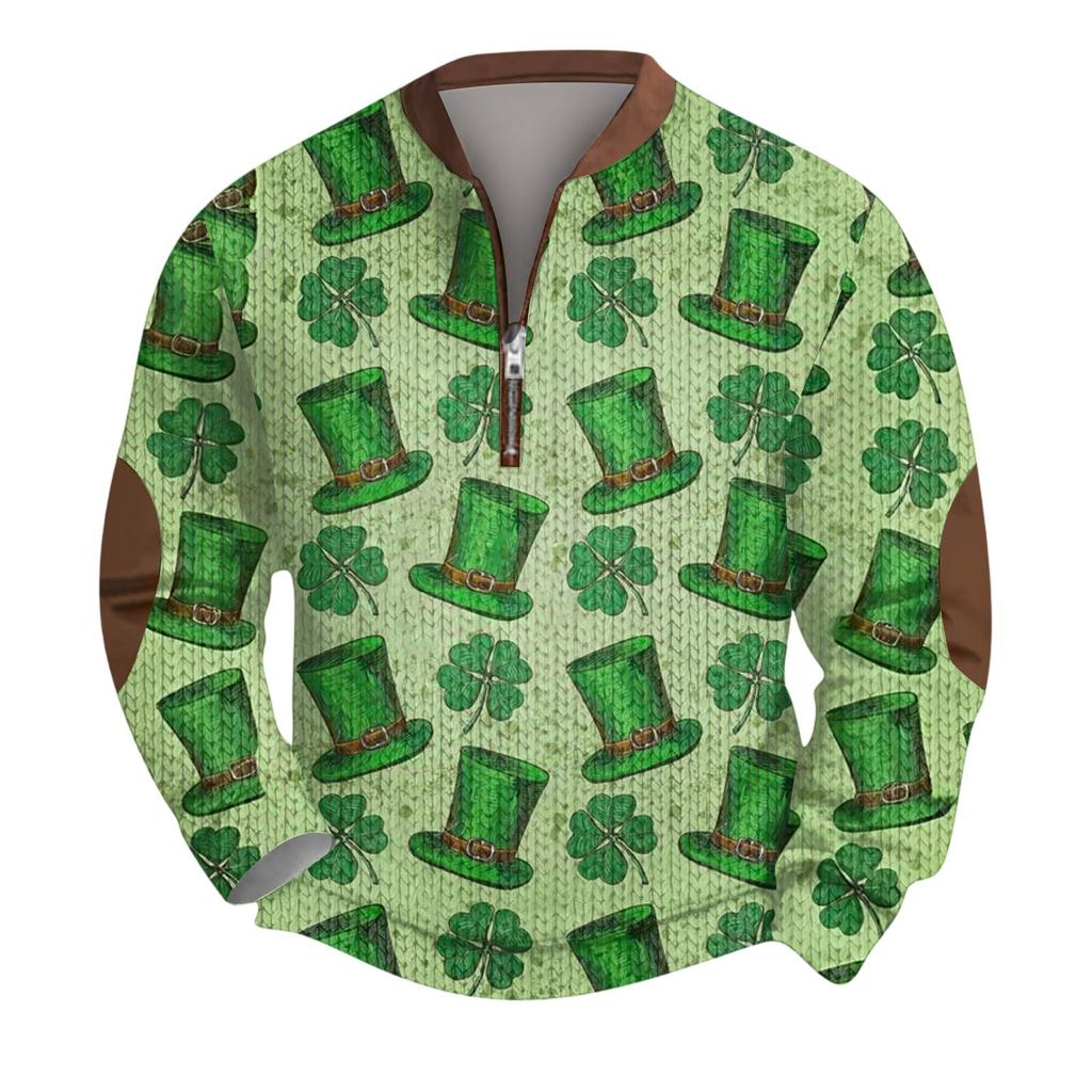 Mens Christmas Sweater Zip Up Sweatshirts Vintage Knit Graphic Sweatshirt St. Patrick's Day Stand Collar Pullover