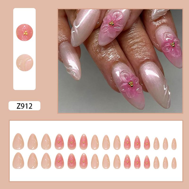 24pcs White Flower Fake Nail Tips Yellow Pink Blush False Nails Wearable Full Cover European Almond Shaped Press on Nails