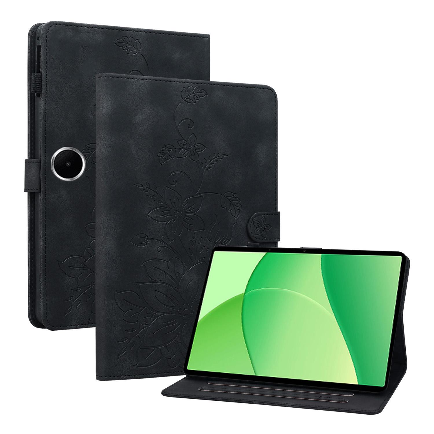 

For Oppo Pad SE Case Lily Flower Imprint Card Slots Leather Tablet Cover Black