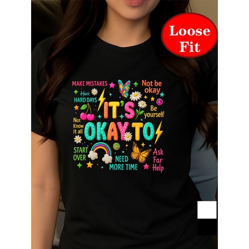 Europäische Größe Ermutige dich selbst, Akzeptiere Fehler, T-Shirt mit Rundhalsausschnitt und Kurzen Ärmeln, Lässiges Oberteil für Frühling und Sommer, Damenbekleidung in Übergrößen