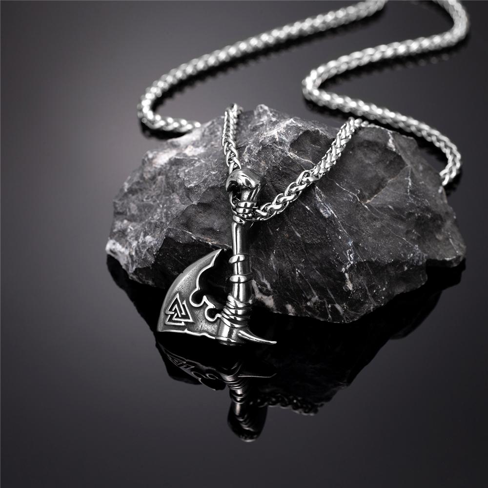 Men Vikings Ax Necklace Gold Color Never Fade Norse Rune Axe Thor Hammer Mjolnir Slavic Amulet Self-defense Pendant Male Jewelry 60CM