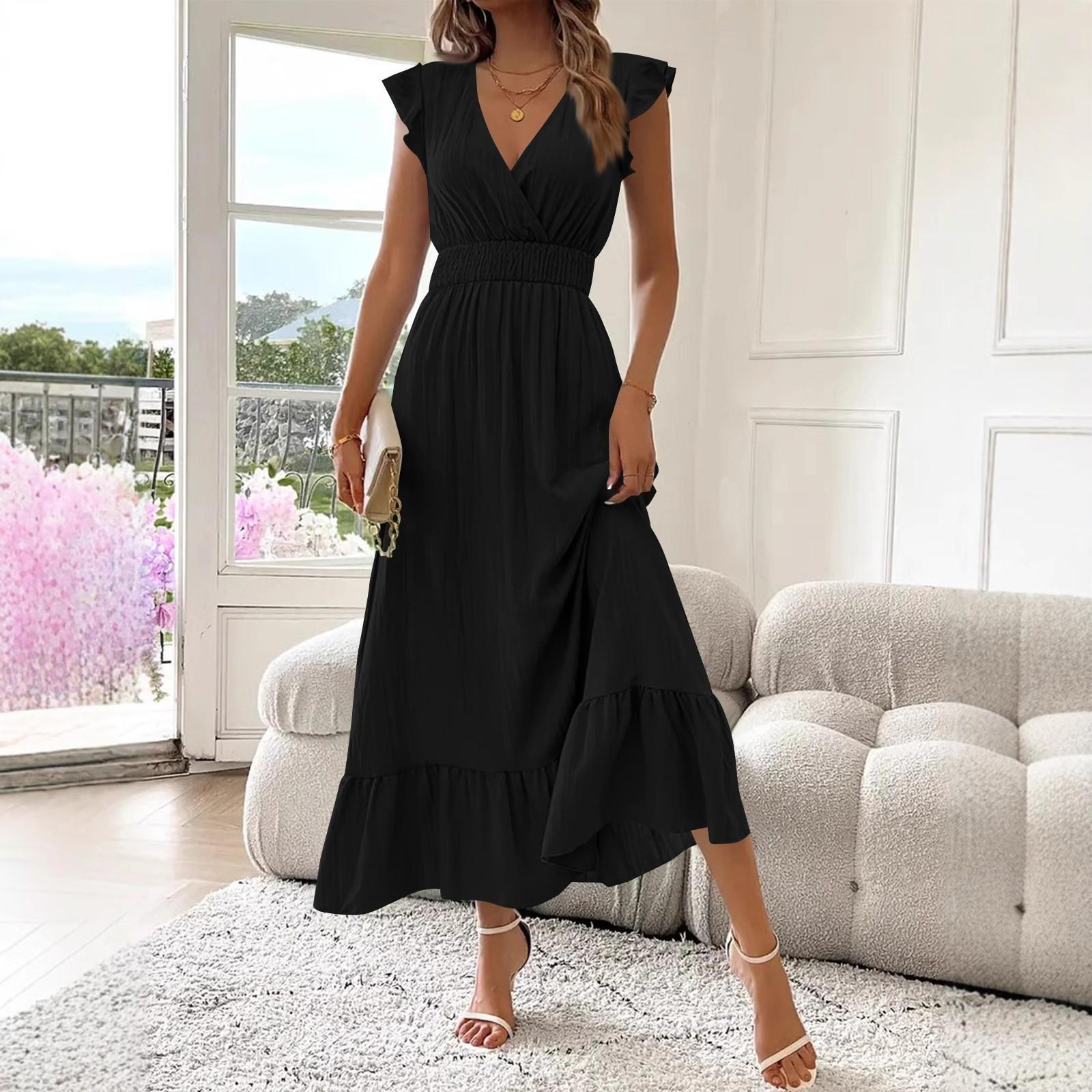 

Женское повседневное модное платье А-силуэта с высокой талией, V-образным вырезом и рукавами-оборками Рукава-оборки XXL чёрный