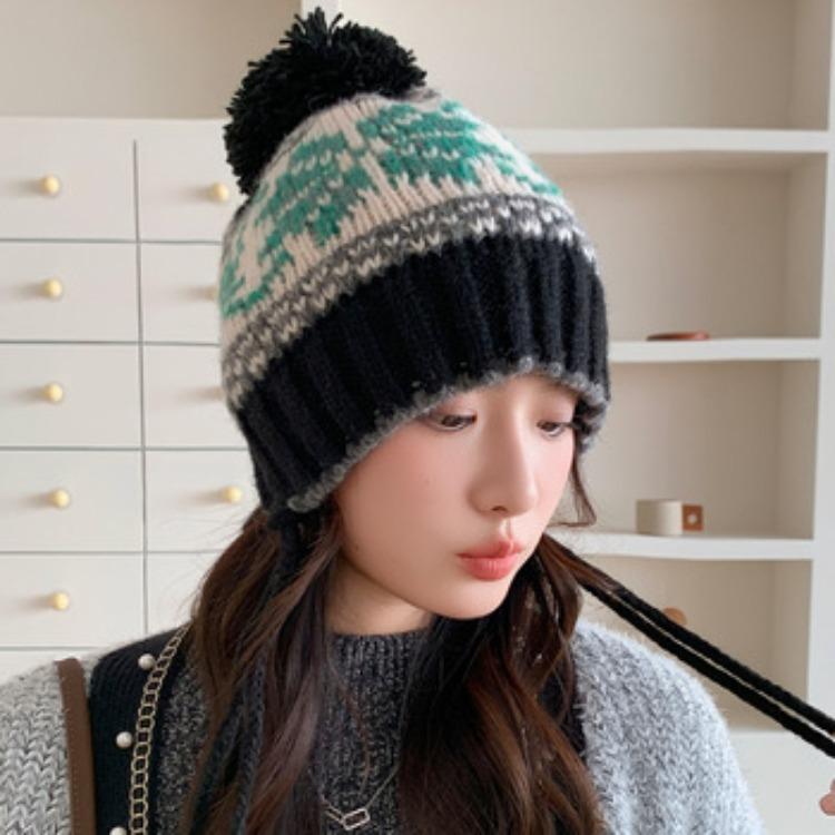 Damen Fair Isle Strickmütze Winter Warm Beanie Doppellagig Fleecegefüttert Verdickt Bommel Ohrenklappenmütze Bindeband Strickmütze