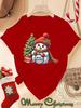Christmas T-Shirt Red Cute Snowman Print Short Sleeve Round Neck Top Casual Xmas Thanksgiving Halloween Women Clothing