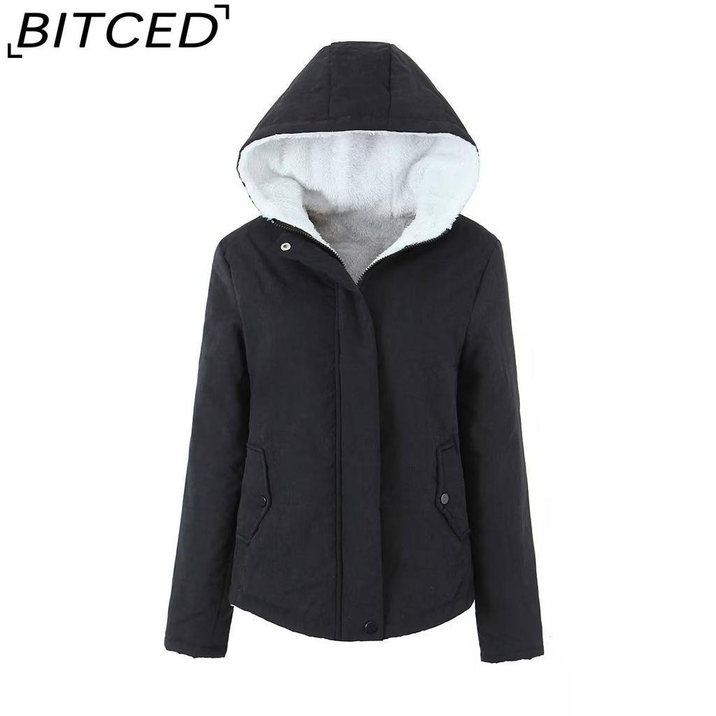 BITCED Fleece-Lined Thickened Cotton Jacket Quilted Short-Length Cotton Coat for Women Autumn/Winter Literary Minimalist Cotton-Padded Outerwear