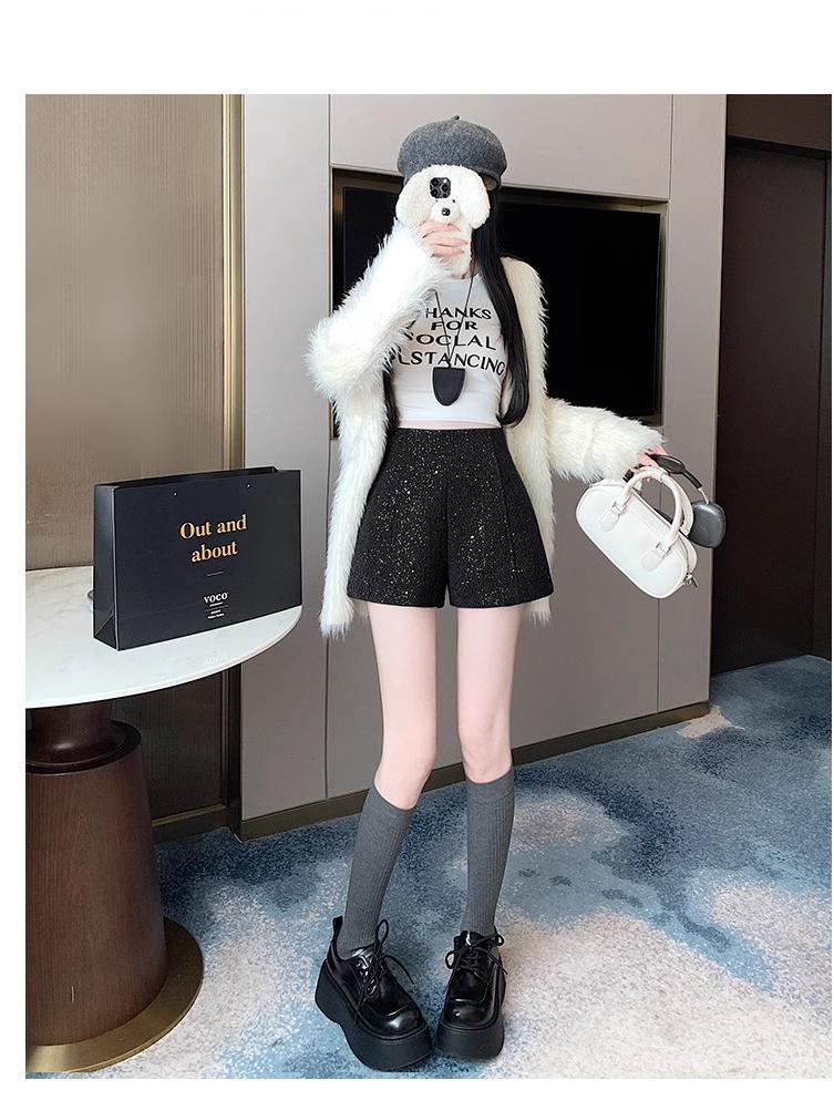 Black Woolen High Waist Women's Booty Shorts - Autumn Winter 2024 Korean Style Slim Fit Straight-Leg Shorts