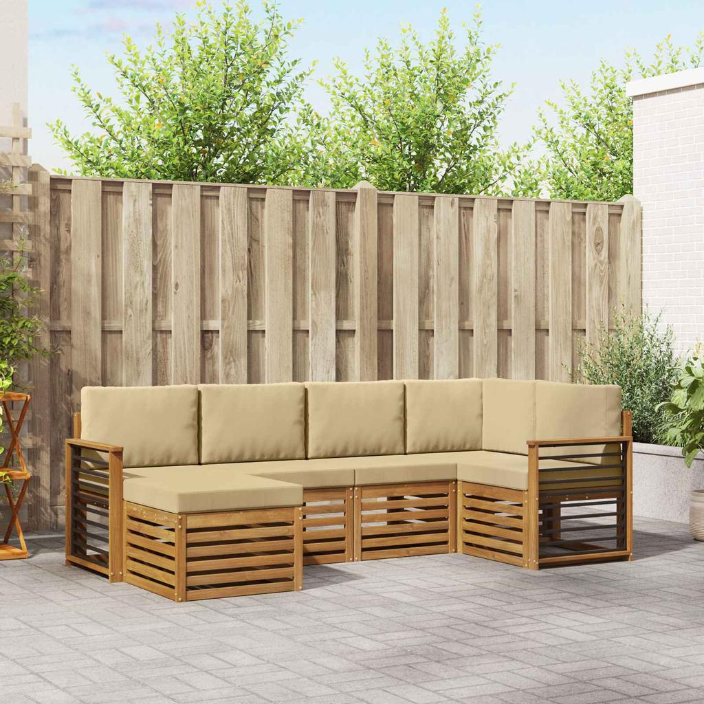 Corner Sofa Set with Cushions 6 Pcs Natural and Beige Solid Acacia Wood