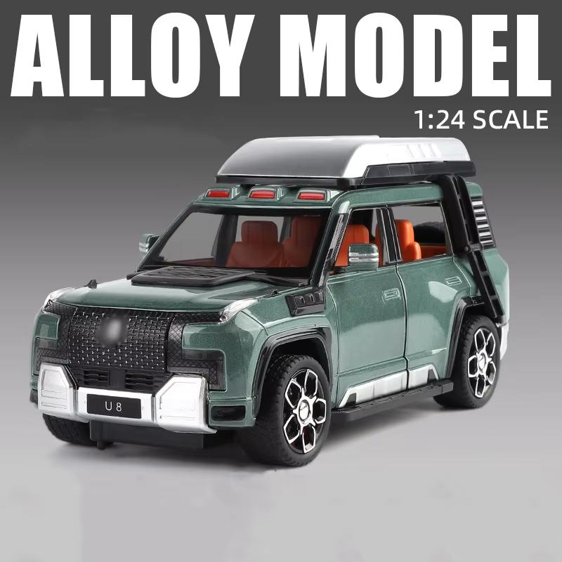 1:24 BYD U8 SUV Terrengkjøretøy Legering Mikrobil Støpt Metall Skalamodell Lyd og Lys Leketøy for Barn Gutt Samlerobjekter Ornamenter