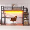 Metal Loft Bed 140 X 200 Cm with Storage Ladder and Simple Wardrobe, with Shelf, Table and Mesh Shelf, with Light Strip Socket, Black, SKU LDB00433AAB