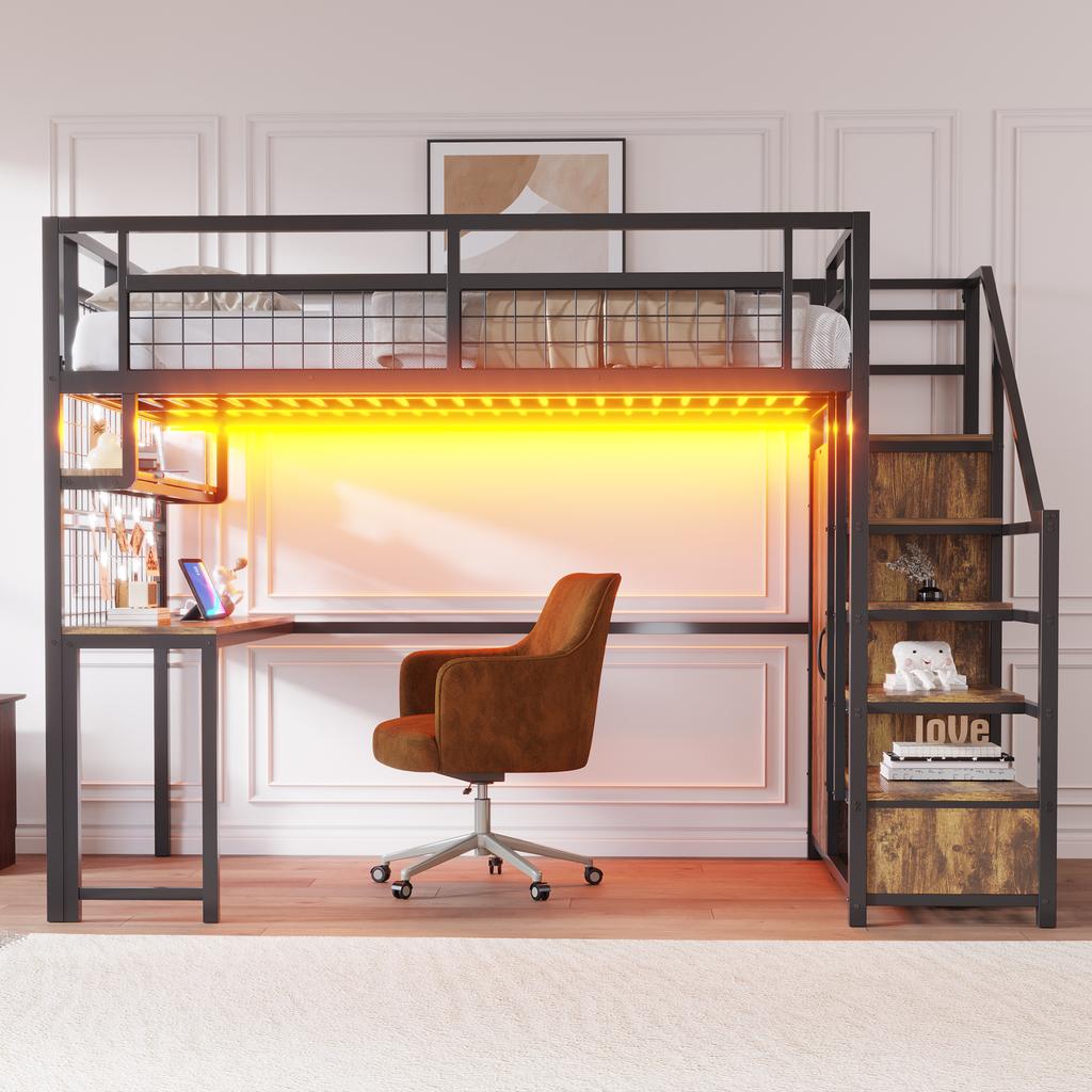 Metal Loft Bed 140 X 200 Cm with Storage Ladder and Simple Wardrobe, with Shelf, Table and Mesh Shelf, with Light Strip Socket, Black, SKU LDB00433AAB