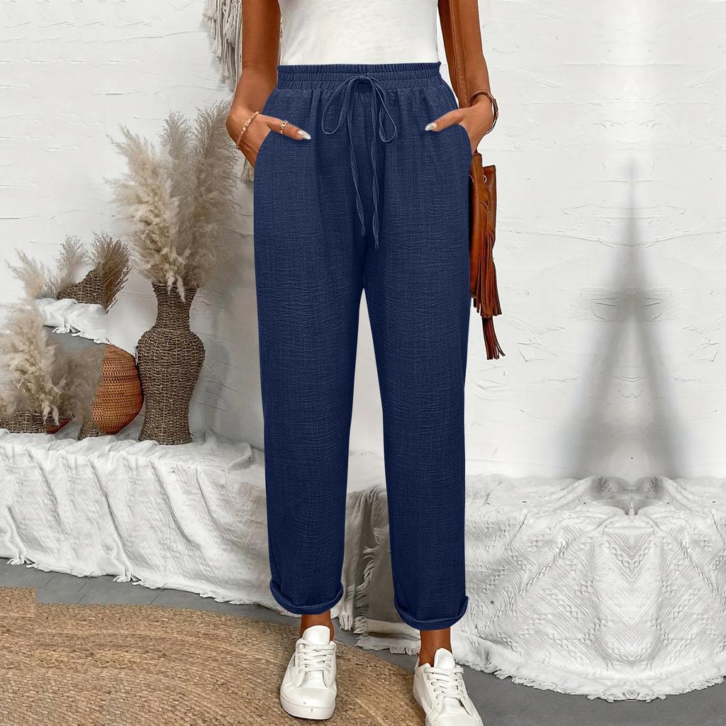 Drawstring Waist Slant Pockets Pants Casual Loose Tapered Pants For Spring  Summer  Women's Clothing