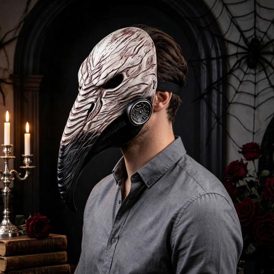Comfortable Breathable Face Masque Long Nose Raven Masquerade Masque, Steampunk Bird Beak Cosplay Costume, Retro Wood Grain Cushion Latex Scary Creepy